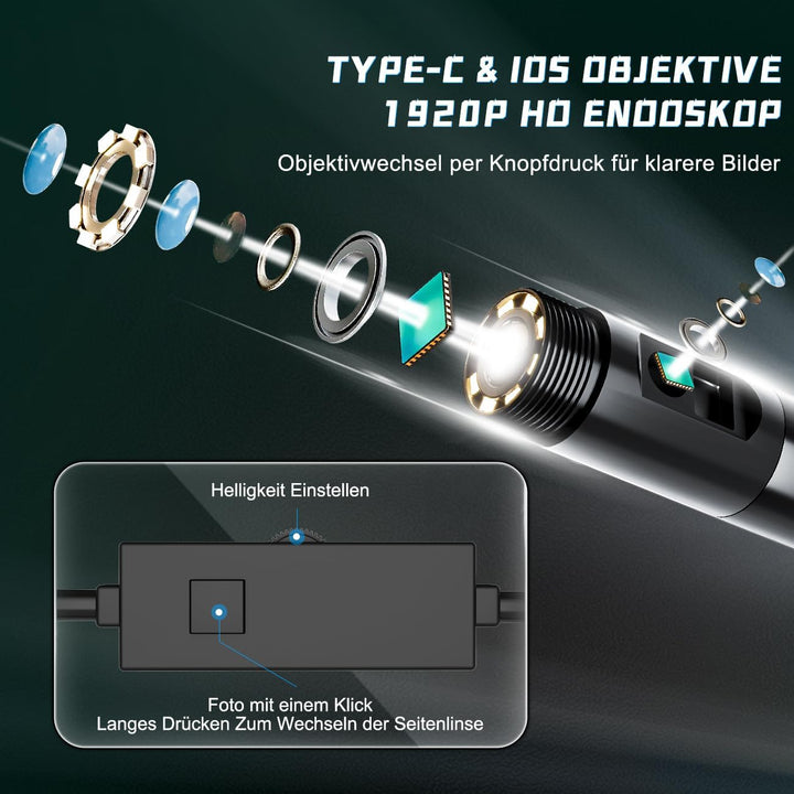 Maylatte Doppellinse Endoskopkamera mit Licht, 7.9mm 1920P HD Inspektionskamera mit 8+1 Lichtern, IP