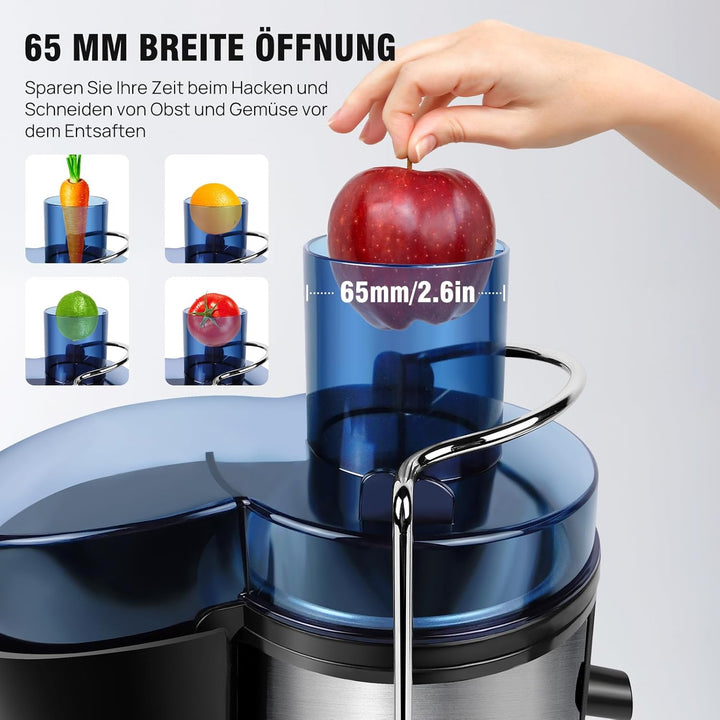 Entsafter Gemüse und Obst, 65 mm Einfüllschacht, 2 Einstellungen, Leicht zu reinigen, BPA-frei