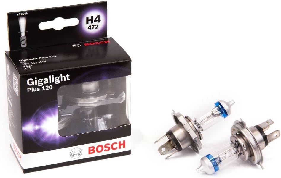 Bosch H4 Plus 120 Gigalight Fahrzeuglampe 12V 60/55W P43t (2 Stück) Doppelbox, 2 Lampen H4 - Plus 12