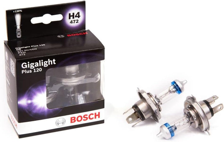 Bosch H4 Plus 120 Gigalight Fahrzeuglampe 12V 60/55W P43t (2 Stück) Doppelbox, 2 Lampen H4 - Plus 12