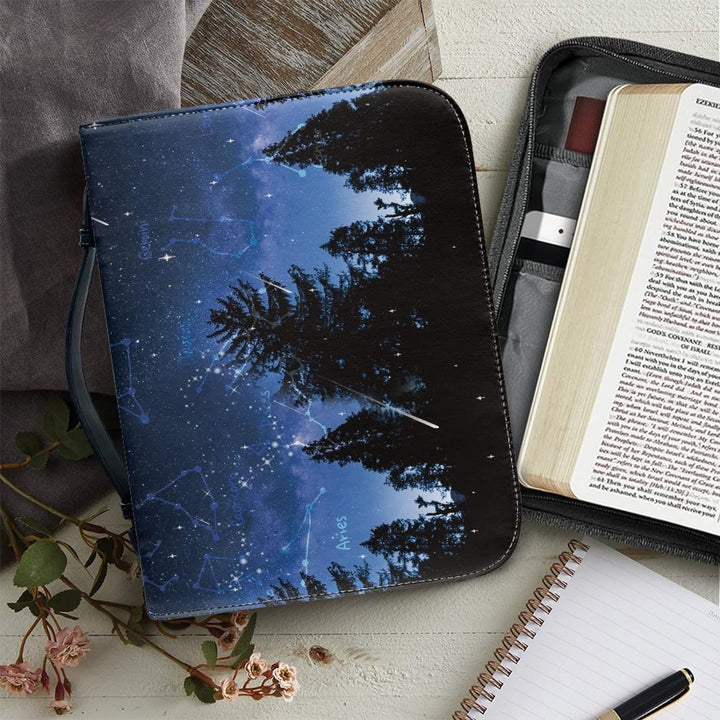 Kuiaobaty Sternennacht Wald Buchhülle für Notebook, Neuheit, Bibel, Griff, Reissverschluss, PU-Leder