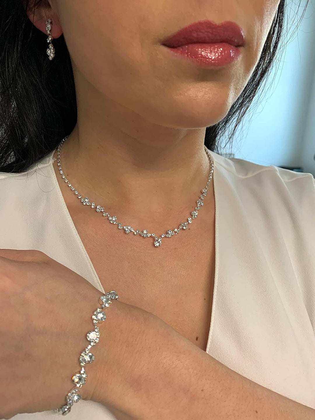 ONDEGO® 3er Set SILBER Strass Schmuck Kette Schmuckset Armband Hochzeit Collier Halskette Brautschmu