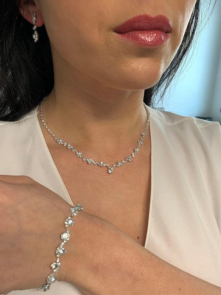 ONDEGO® 3er Set SILBER Strass Schmuck Kette Schmuckset Armband Hochzeit Collier Halskette Brautschmu