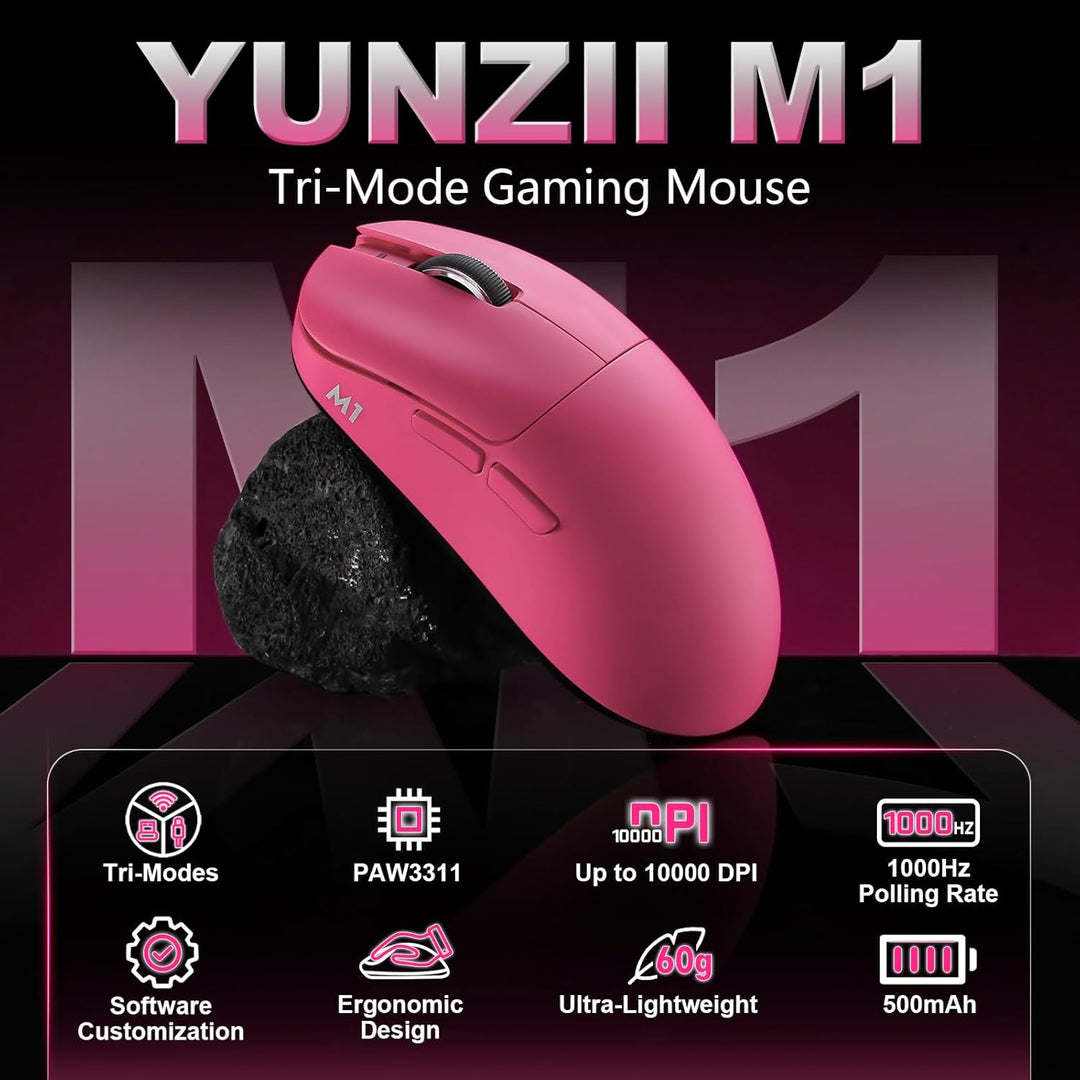YUNZII M1 Kabellose Gaming-Maus, BT/2.4G Wireless/Wired Ultralight Mouse, PAW3311-Sensor 10000 DPI,