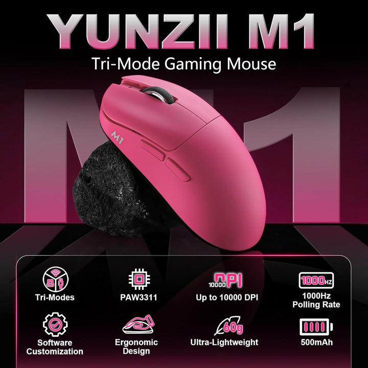 YUNZII M1 Kabellose Gaming-Maus, BT/2.4G Wireless/Wired Ultralight Mouse, PAW3311-Sensor 10000 DPI,
