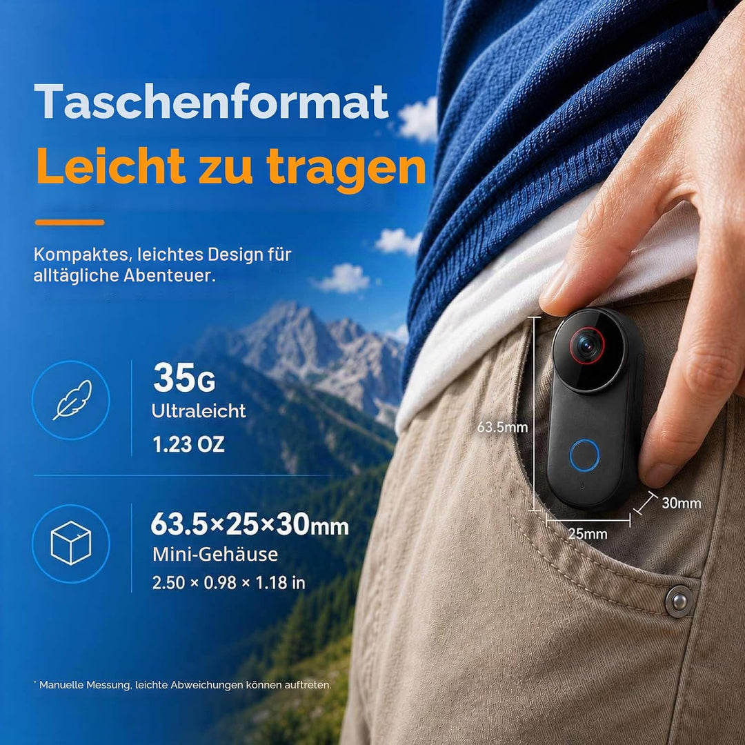 T71M Action Cam 4K, Mini POV- &amp; Helmkamera Mit 6-Achsen-EIS, 154° Weitwinkel, 64 GB MicroSD, Ladecas