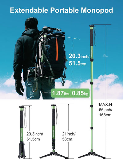 Einbeinstativ, Moman MA66 Kamera Monopod mit Standspinne Reisestativ Kohlefaser Kompakter Tragbarer