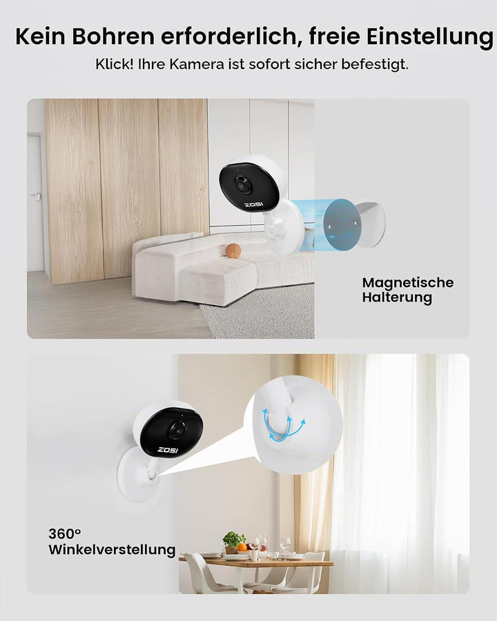 ZOSI 1080P Innen WLAN Überwachungskamera mit Plug-in-Strom, Lokale KI für Person/Bewegungen, Magnetf