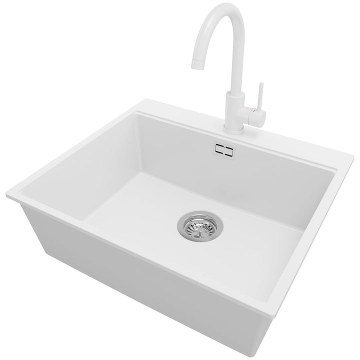 PRIMAGRAN Granitspüle Weiss 58x50cm, Spülbecken 1 Becken + Ablauf-Set + Küchenarmatur 32x20cm, Küche