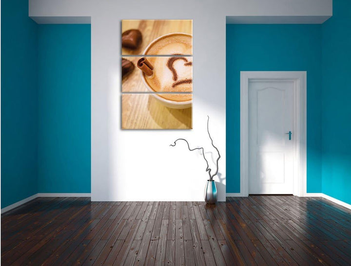 Pixxprint Kaffee Herz aus Schaum Cappucino als Leinwandbild | Grösse: 3 Teilig (120x80) | Wandbild|