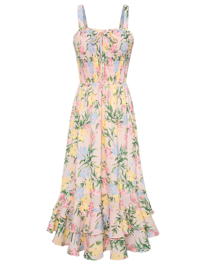 GRACE KARIN Damen langes Blumenkleid Ärmellos Spaghettiträger Freizeitkleid Böhmisch Maxikleid Stran