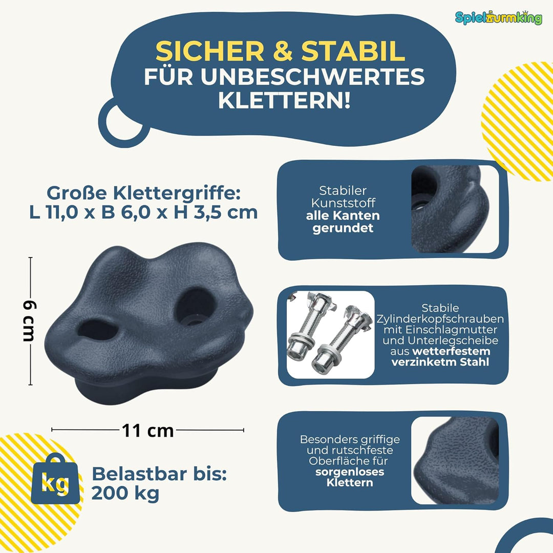 Klettergriffe Kinder Set: 5 Klettersteine Kinder in Grau, 2 Haltegriffe, Kletterwand Zubehör - Klett