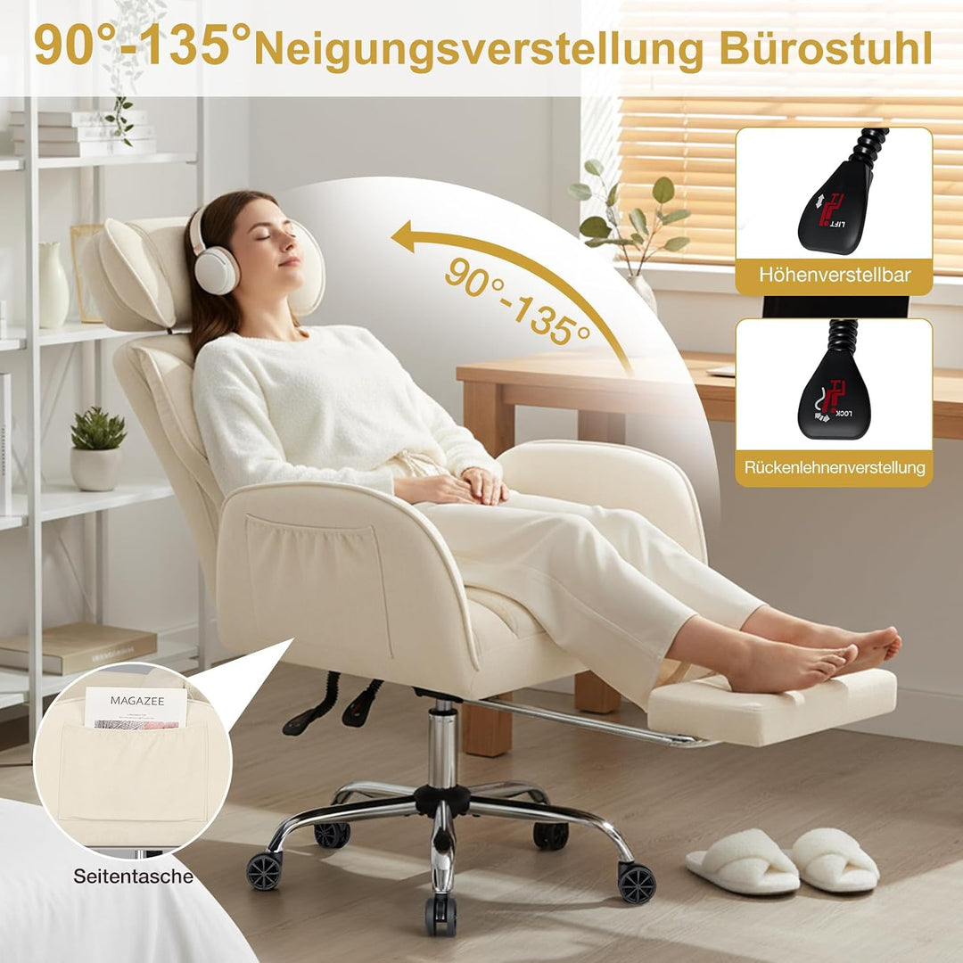 HOFFREE Schneidersitz Bürostuhl mit Fussstütze für Homeoffice, Stoff, Beige | Ergonomischer Bürostuh