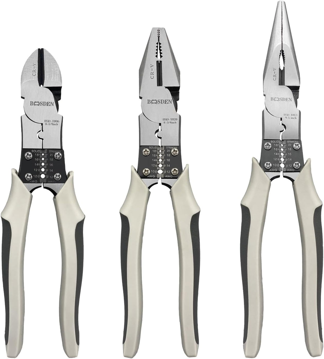 BOOSDEN Zangen Set mit 8 inch Seitenschneider, 8 inch Kombinationszange und 9 inch Spitzzange, 3-tei