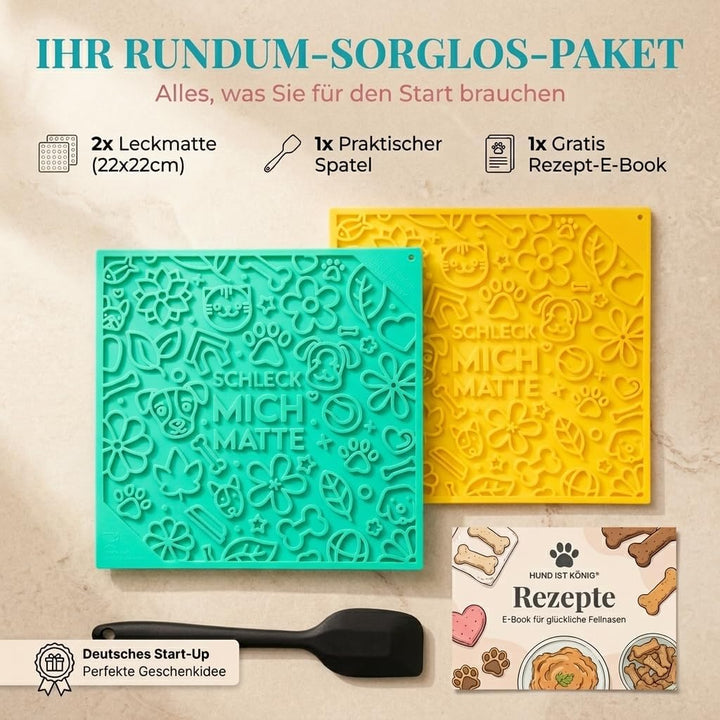 HUND IST KÖNIG® Leckmatte Hund mit patentierter Struktur + Saugnäpfe, Schleckmatte Hund 22x22cm [2 S