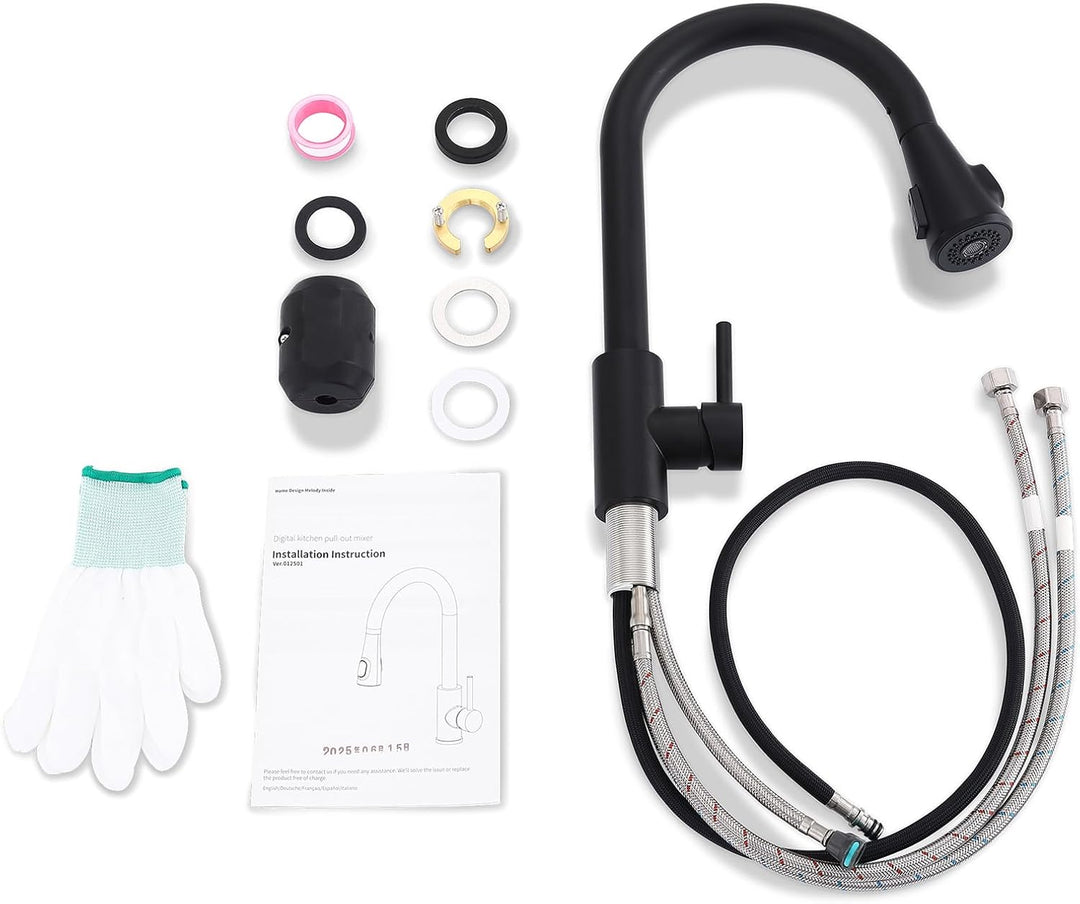HOMELODY Wasserhahn Küche Schwarz mit LED Temperaturanzeige, Küchenarmatur Ausziehbar, Hochdruck Mis