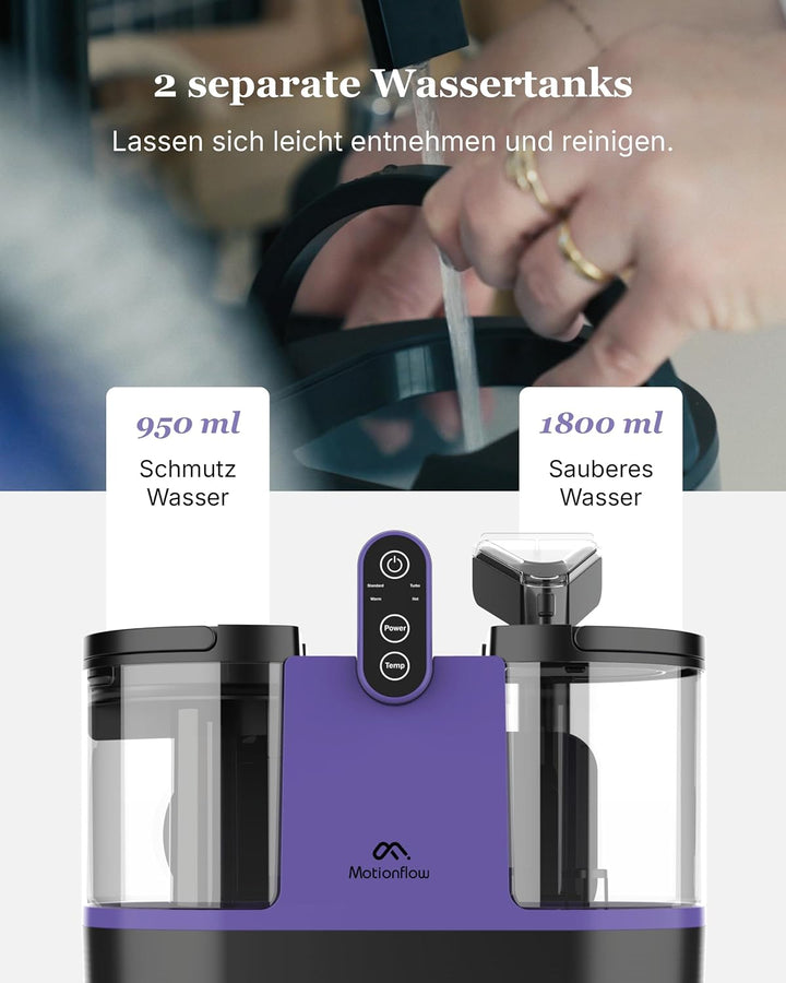 Motionflow Teppichreiniger Waschsauger mit Heizfunktion - 1200W Polsterreiniger Gerät für Teppiche,