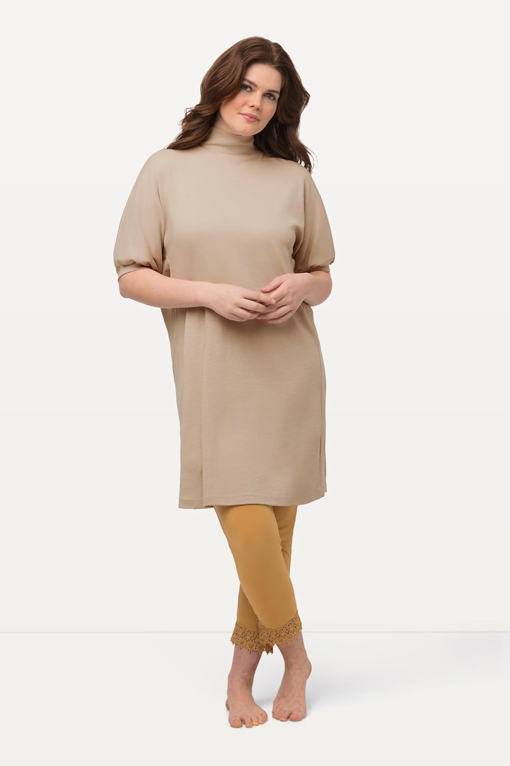 Ulla Popken Damen grosse Grössen Übergrössen Plus Size Longshirt, Eggshape, Rollkragen, Halbarm, Bio