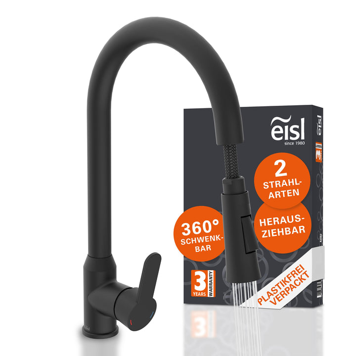 EISL Adria Wasserhahn Küche schwarz ausziehbar, Spültischarmatur schwarz 360°, Küchenarmatur mit hoh