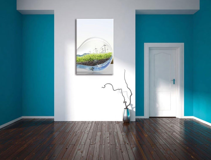 Pixxprint Glühbirne mit Pandabären und Ozean mit Leuchtturm, Format: 100x70 auf Leinwand, 100x70