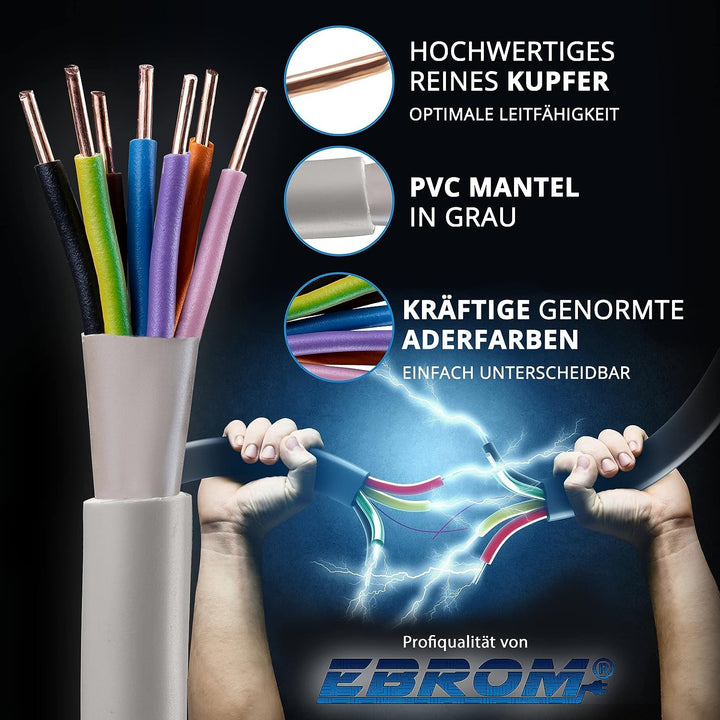 EBROM NYM-J 7x1,5 mm² Installationskabel, Mantel GRAU, 7 Litzen FARBIG 20 m | 5 m bis 100 m 7x1,5 mm