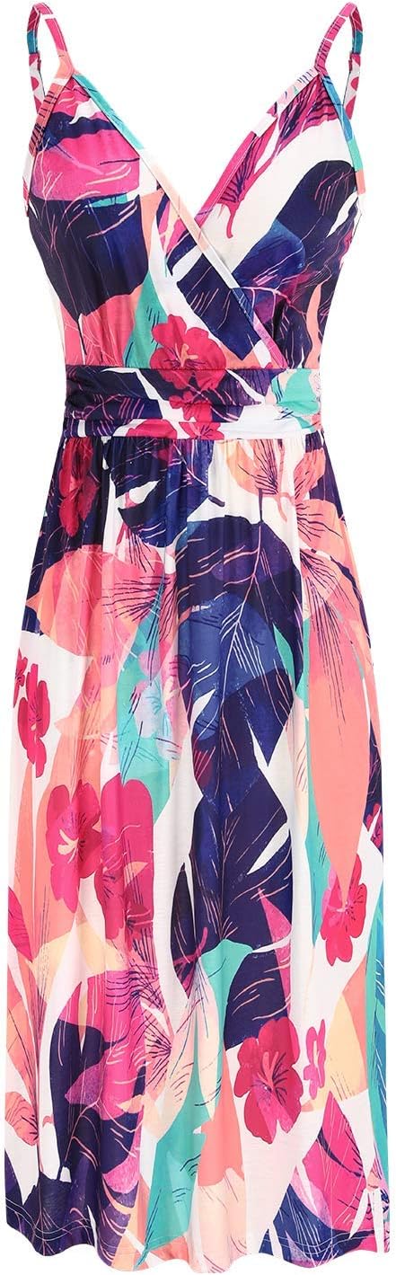 OUGES Kleid Damen Spaghettiträger Sommer Kleider Knielang V-Ausschnitt Strandkleid mit Taschen M Flo