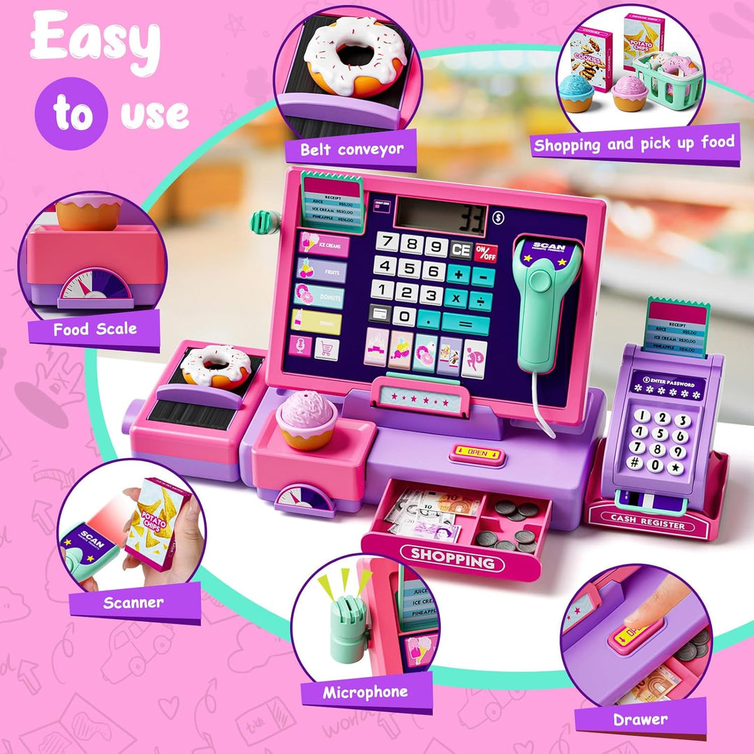 Kinderkasse Registrierkasse Spielzeug Lernspielzeug Set mit Scanner & Musik Funktion (Rosa Lila) Lil