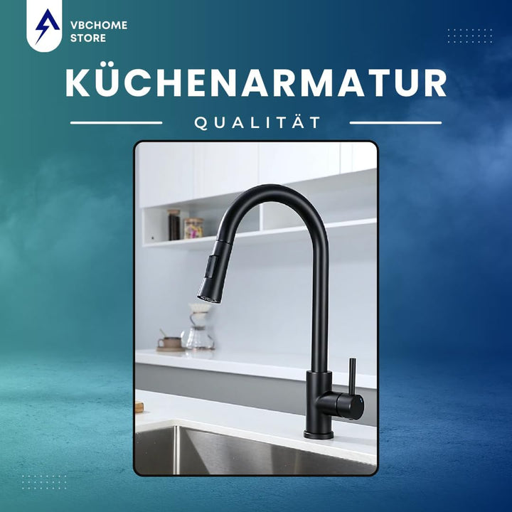 VBChome Küchenarmatur Schwarz mit ausziehbarem Auslauf, 360° drehbar, mit Knopf für Strahlarten – mo