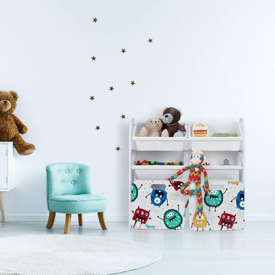 Relaxdays Kinderregal mit 6 Boxen, Monster-Design, 2 Kisten mit Rollen, HBT: 80,5x82,5x30 cm, Regal