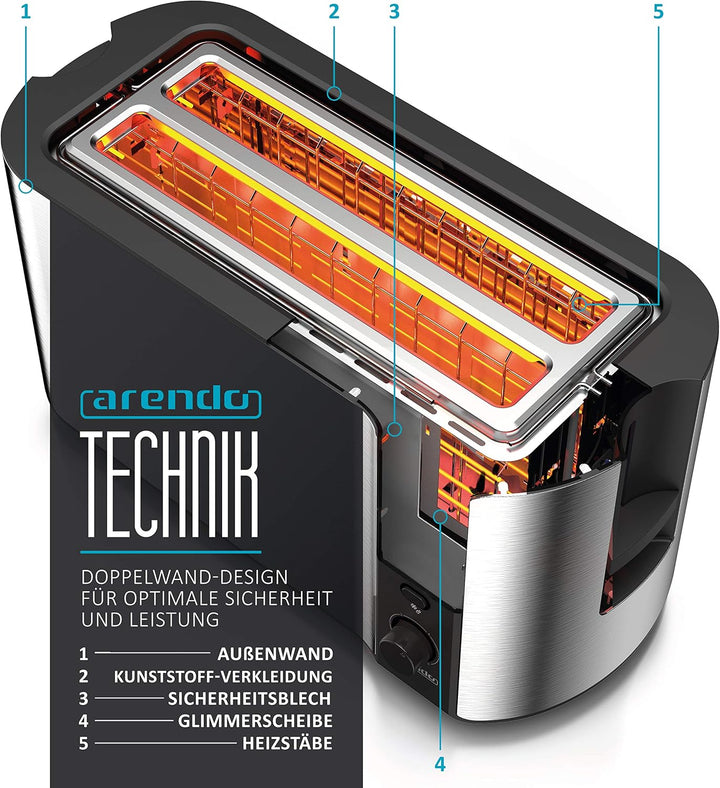Arendo - Edelstahl Toaster Langschlitz 4 Scheiben, Defrost Funktion, Wärmeisolierendes Gehäuse mit i