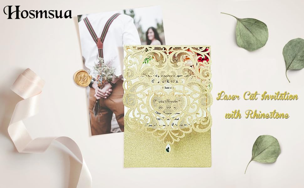 Hosmsua Blnak Hochzeitseinladungskarten mit Strass und Umschlägen, lasergeschnitten, Champagner-Gold
