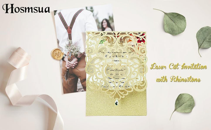 Hosmsua Blnak Hochzeitseinladungskarten mit Strass und Umschlägen, lasergeschnitten, Champagner-Gold