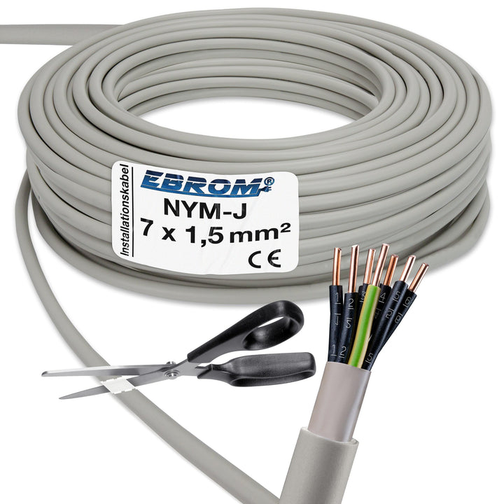 EBROM NYM-J 7x1,5 mm² - Mantelleitung - Installationskabel - Feuchtraumkabel - grau - Auswahl in 1 M