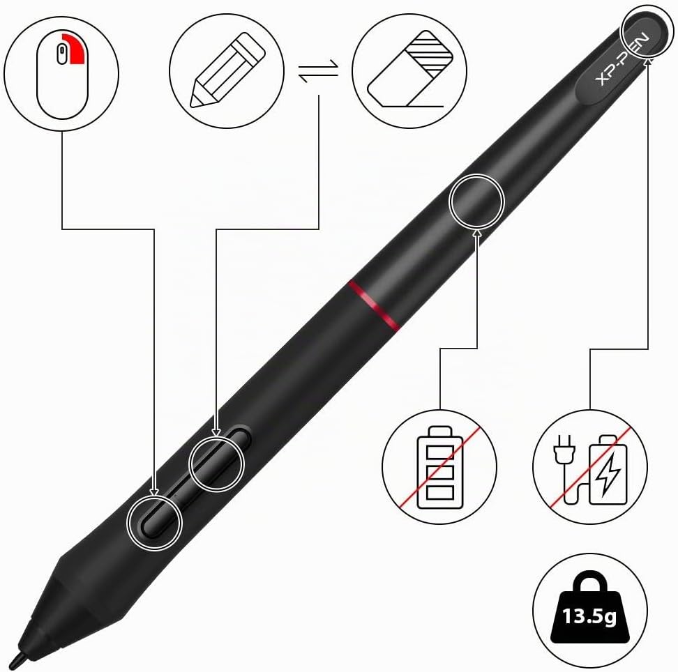 XP-PEN PA2 Stift Pen Batteriefreier Eingabestift mit 8192 Druckstufen 60° Tilt für Aritist 12 Pro, A