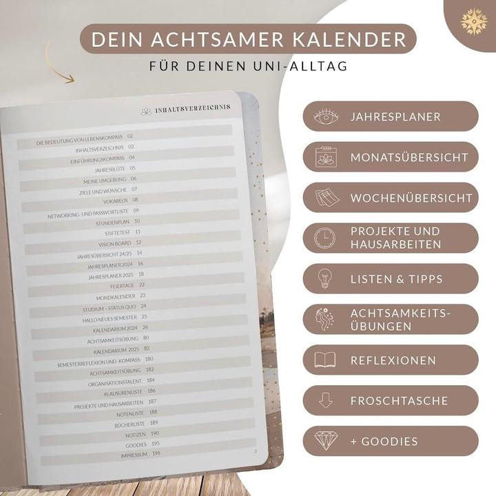 Lebenskompass Studienplaner 2024 2025 A5 ”COAST” - Schöner Semesterplaner für Uni - Terminplaner Buc