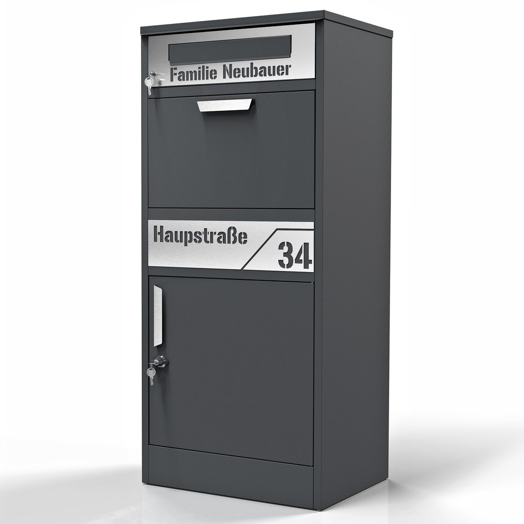 Graviers Design Paketbriefkasten mit Brieffach personalisiert freistehend - Edelstahl Namensschild H
