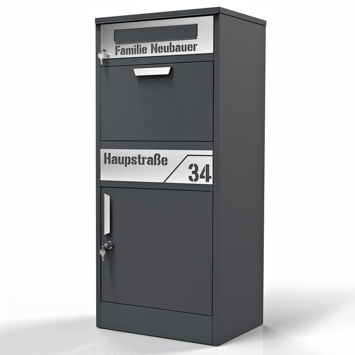 Graviers Design Paketbriefkasten mit Brieffach personalisiert freistehend - Edelstahl Namensschild H