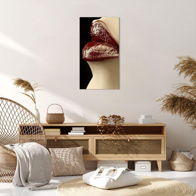 Bilder auf Leinwand 55x100cm Leinwandbild mit Rahmen Frau rote Lippen Lippenstift Gesicht Gross Wand