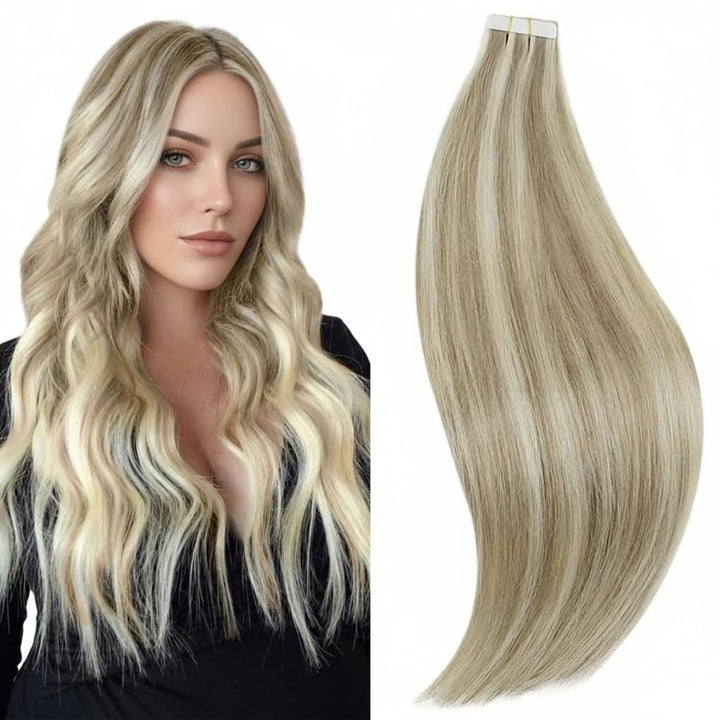 RUNATURE Tape in Extensions Echthaar Braun Blond 30cm Tape Extensions Echthaar 20 Stück Unsichtbare