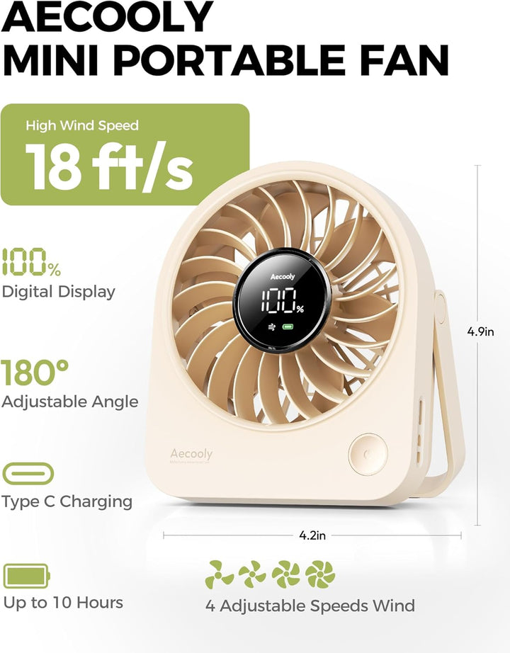 Aecooly Mini Ventilator Tischmodell, Usb-Geladen 4 Windstufen Leise Akku-Ventilator, 10 Stunden Akku