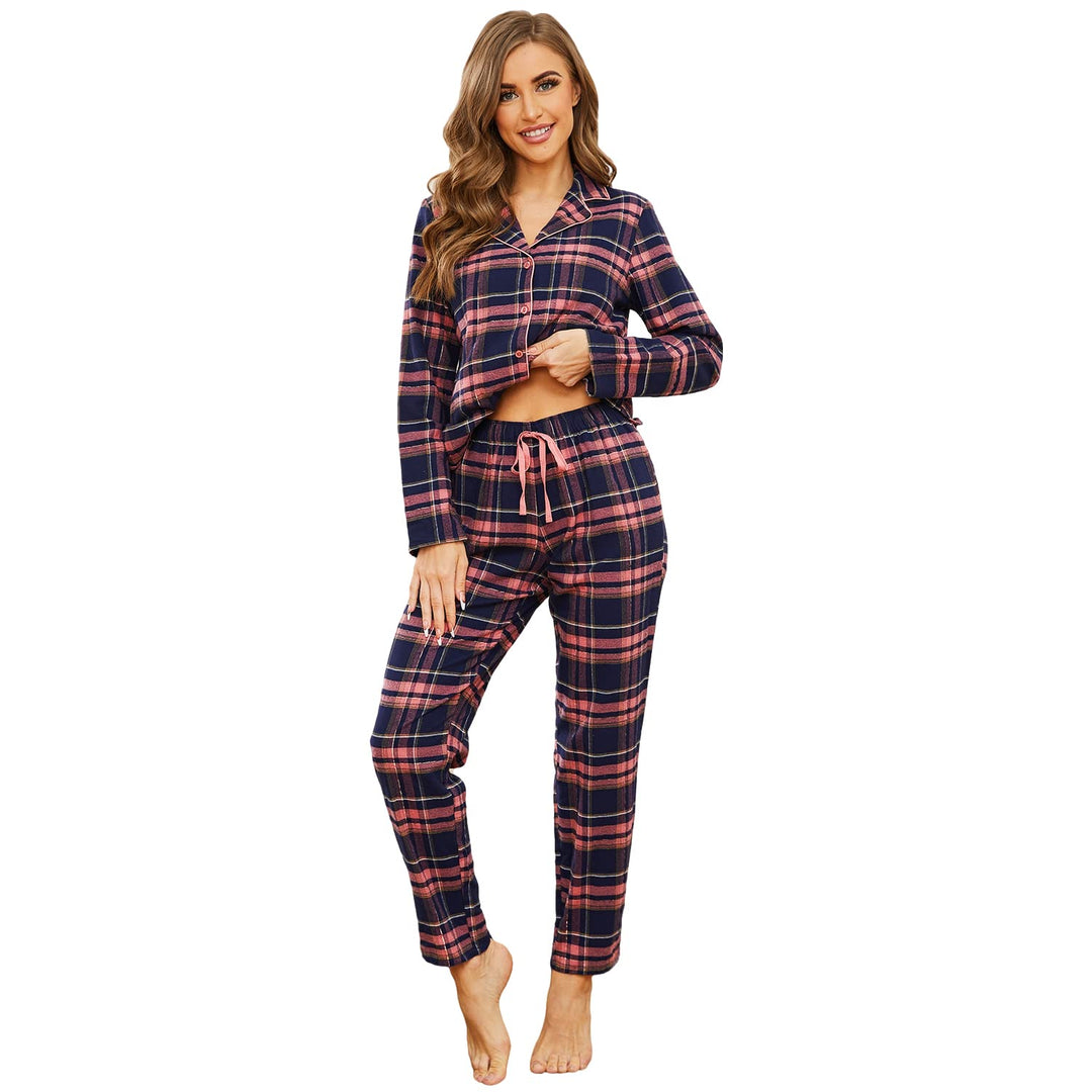 Mnemo Home Damen Schlafanzug Lang Flanell Pyjama Damen 100% Baumwolle aus Flanell Blaures Pulver mit