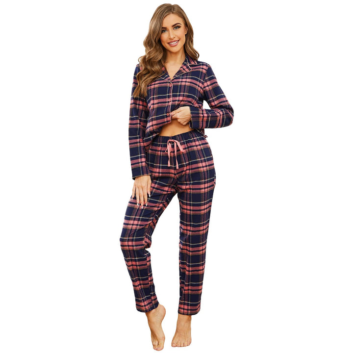 Mnemo Home Damen Schlafanzug Lang Flanell Pyjama Damen 100% Baumwolle aus Flanell Blaures Pulver mit