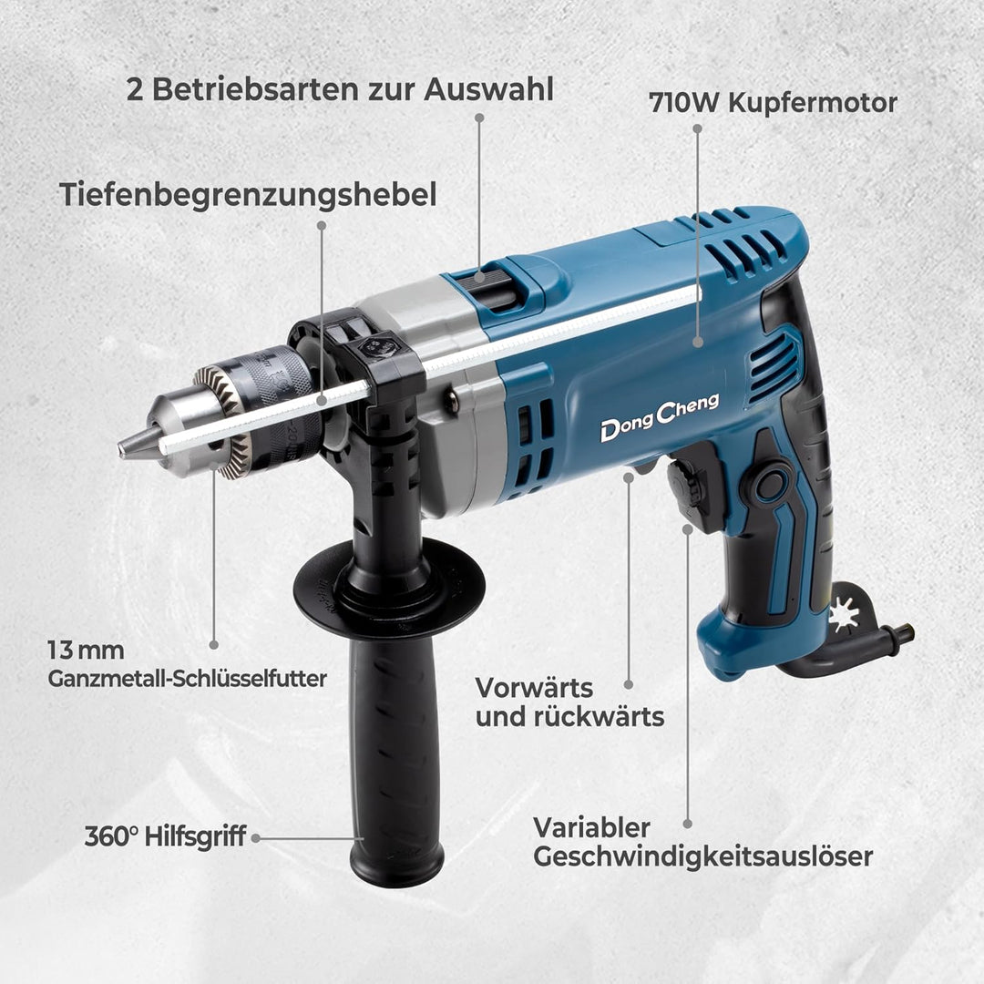 DongCheng Schlagbohrmaschine Bohrhammer 710W,13 mm Bohrfutter Schlagbohrer 45,000 IPM, 3000 RPM mit
