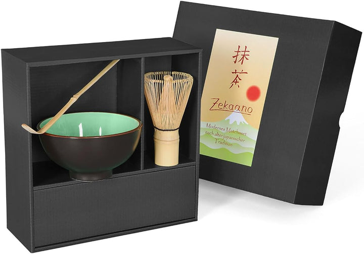 Matcha-Set 3-teilig moosgrün,bestehend aus Matcha-Schale, Matcha-Löffel und Matcha-Besen (Bambus) in