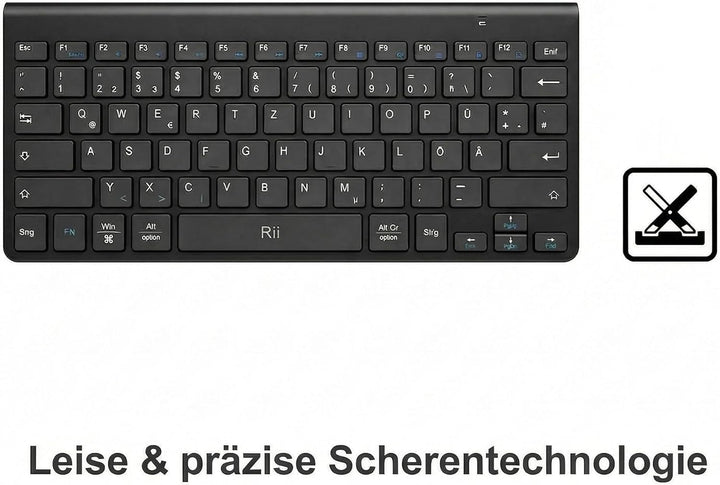 Rii Mini Tastatur Maus Set Kabellos, QWERTZ Deutsches Layout, 2,4GHz Empfänger, Superflaches Design