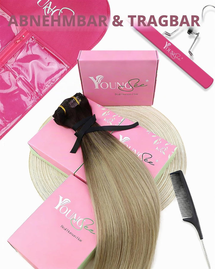 YoungSee Echthaar Extensions Clip Balayage Clip in Extensions Echthaar Braun Blond 35cm Extensions C
