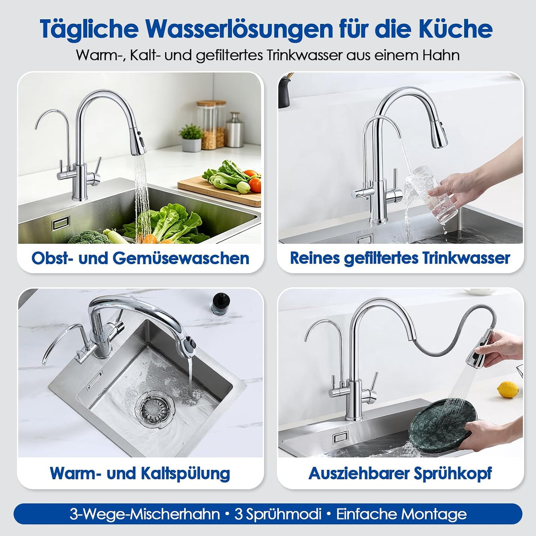 ROVOGO Chrom 3 Wege Wasserhahn Küche mit Filter, Küchenarmatur Hochdruck mit Brause Ausziehbar, 360°