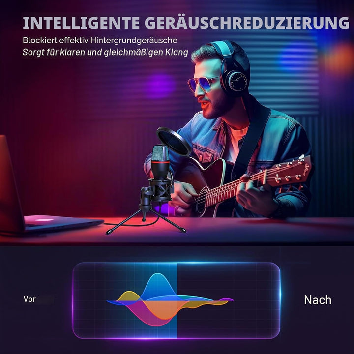 Hoppac USB Mikrofon PC Gaming Mikrofon mit Ständer & Popfilter, Nierencharakteristik Kondensator Mic