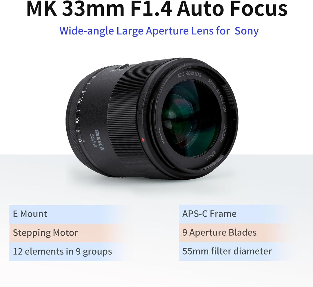 Meike 33mm F1.4 Weitwinkel APS-C AF STM(Schrittmotor) Objektiv Autofokus Festbrennweiten für Sony E