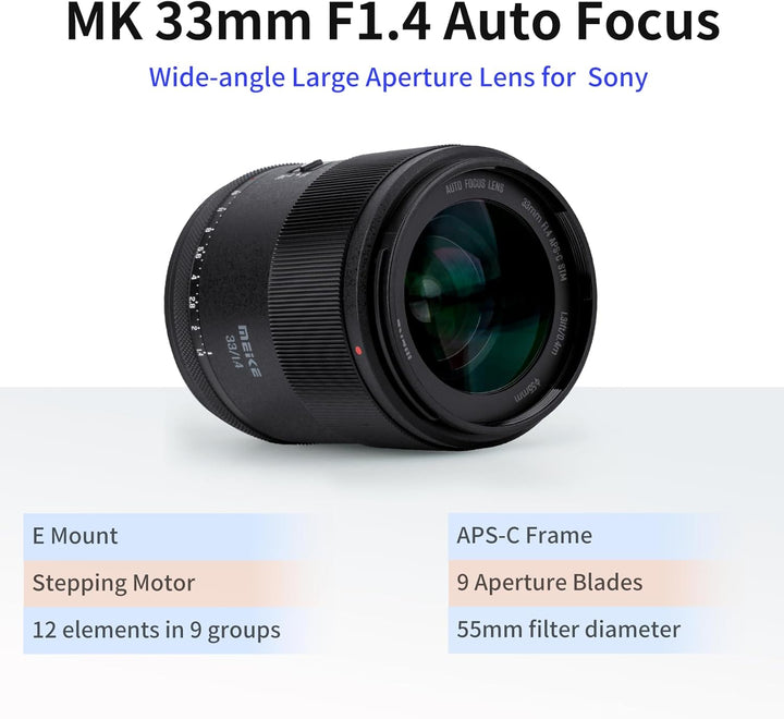 Meike 33mm F1.4 Weitwinkel APS-C AF STM(Schrittmotor) Objektiv Autofokus Festbrennweiten für Sony E